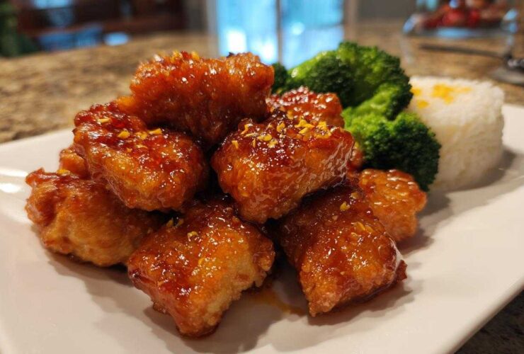 A plate featuring crispy orange chicken recipe pieces coated in a glossy sauce, served with steamed broccoli and white rice.