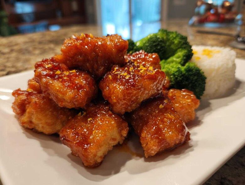 A plate featuring crispy orange chicken recipe pieces coated in a glossy sauce, served with steamed broccoli and white rice.