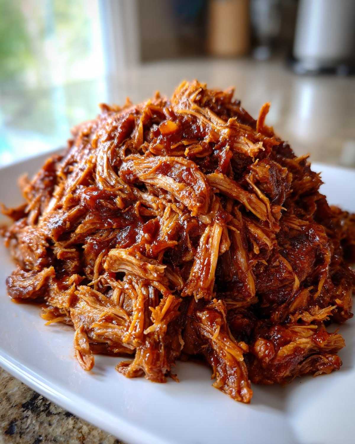 A generous mound of shredded, saucy crock pot pulled pork piled high on a white serving platter.