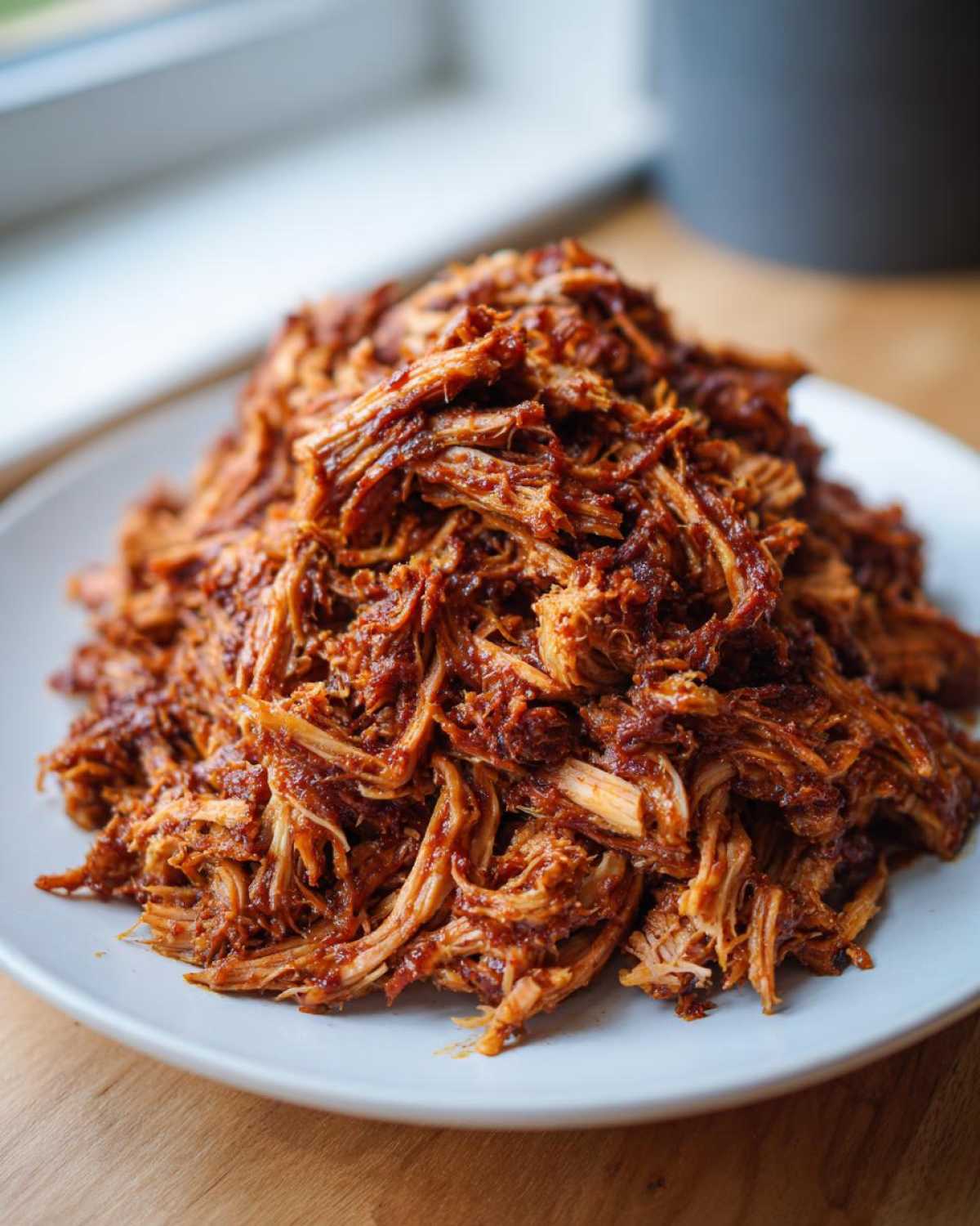 A close-up, appetizing mound of shredded, saucy crock pot pulled pork piled high on a light gray plate.