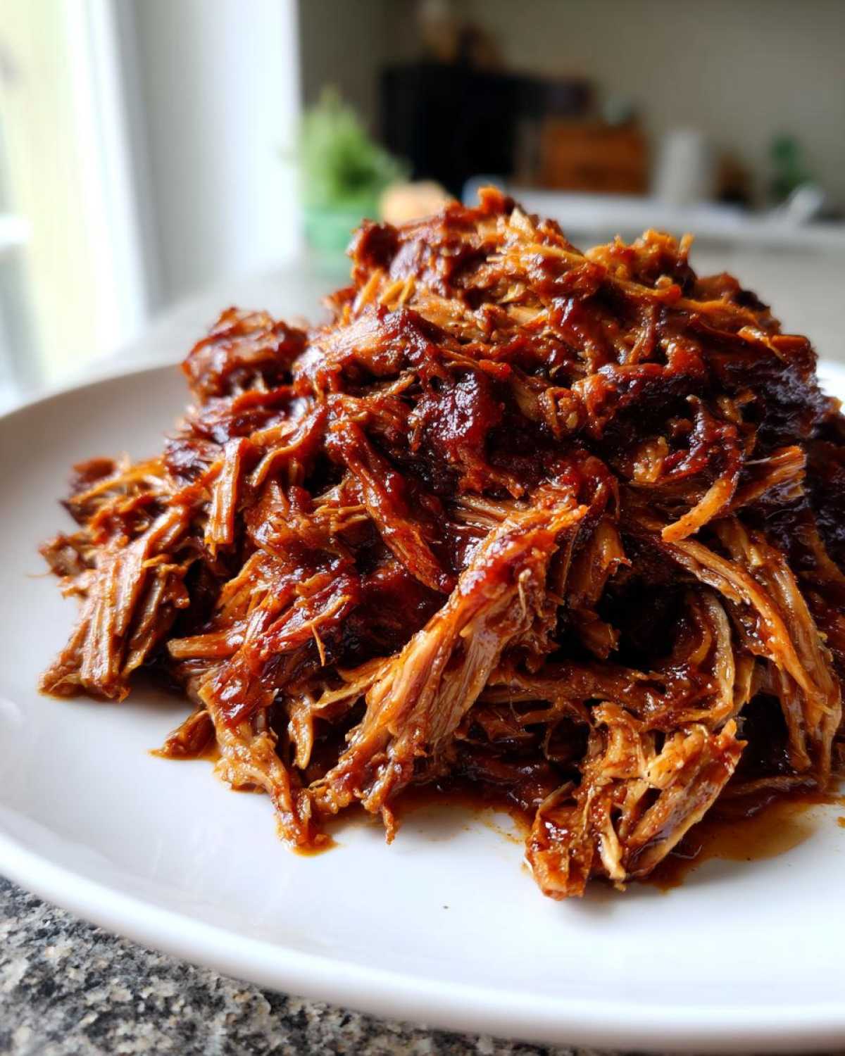 A close-up of a generous mound of saucy, shredded crock pot pulled pork piled high on a white plate.