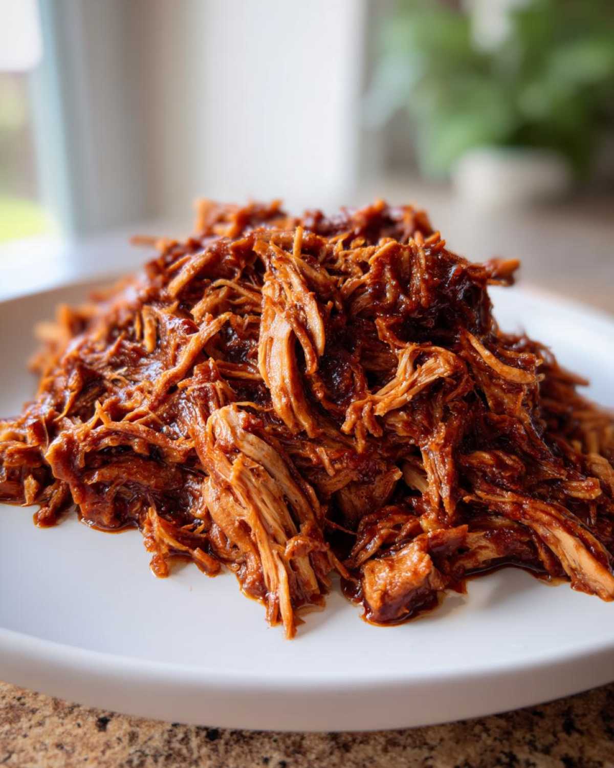 Close-up of tender, saucy crock pot pulled pork piled high on a white plate.