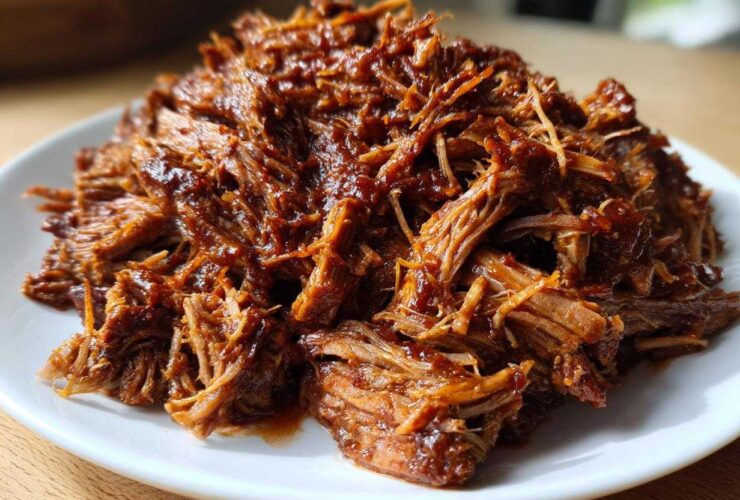 Close-up of tender, shredded crock pot pulled pork coated in rich barbecue sauce, served on a white plate.