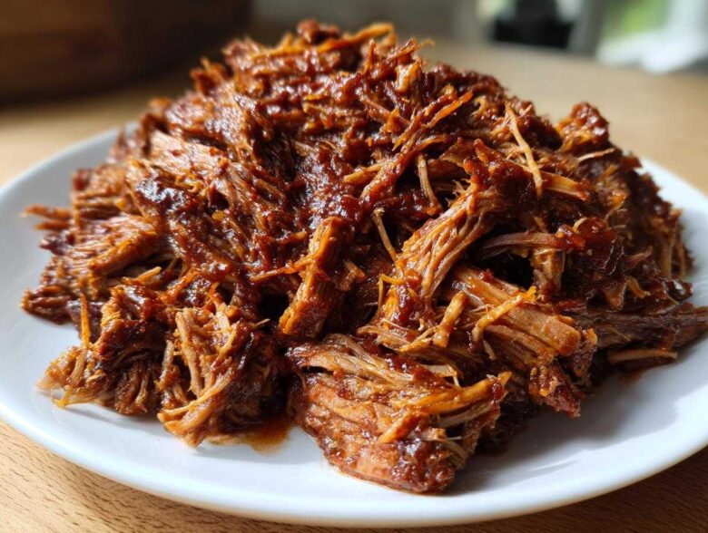 Close-up of tender, shredded crock pot pulled pork coated in rich barbecue sauce, served on a white plate.