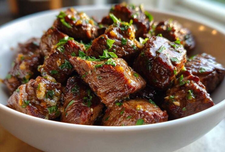 Close-up of tender, glazed crockpot steak bites seasoned with garlic and fresh parsley in a white bowl.