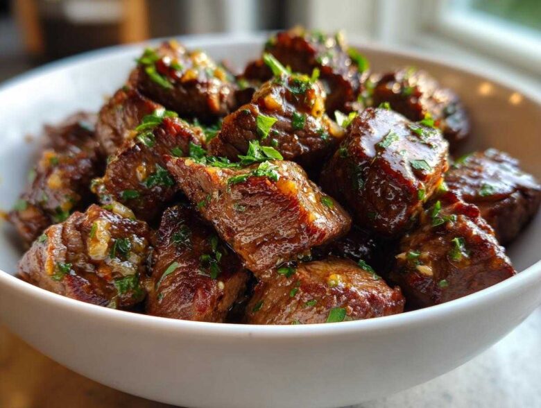 Close-up of tender, glazed crockpot steak bites seasoned with garlic and fresh parsley in a white bowl.
