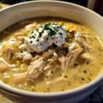 A close-up of a bowl of creamy crockpot white chicken chili topped with sour cream and herbs.