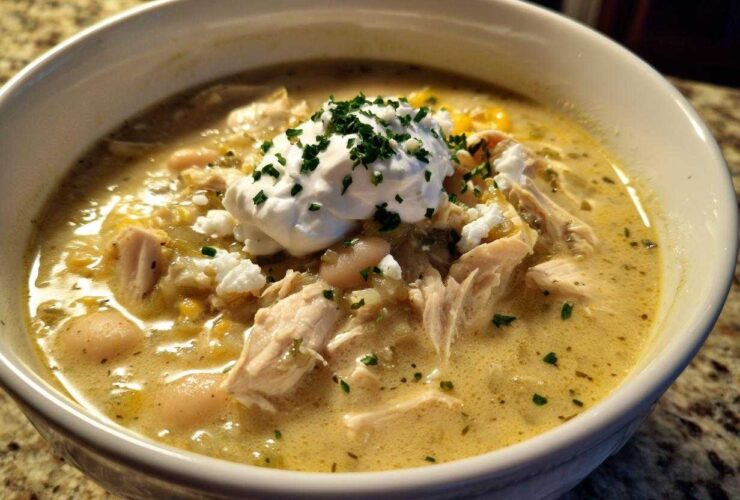 A close-up of a bowl of creamy crockpot white chicken chili topped with sour cream and herbs.