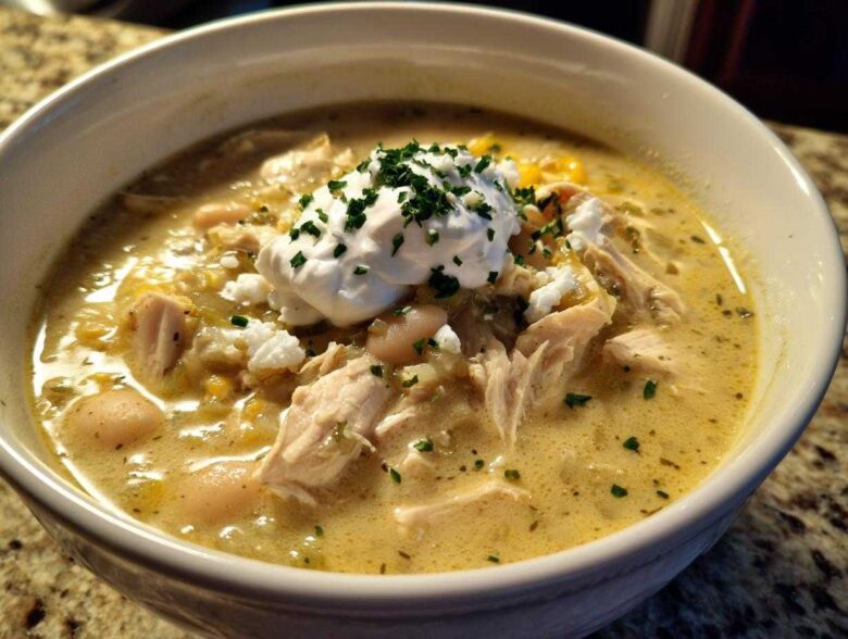 A close-up of a bowl of creamy crockpot white chicken chili topped with sour cream and herbs.