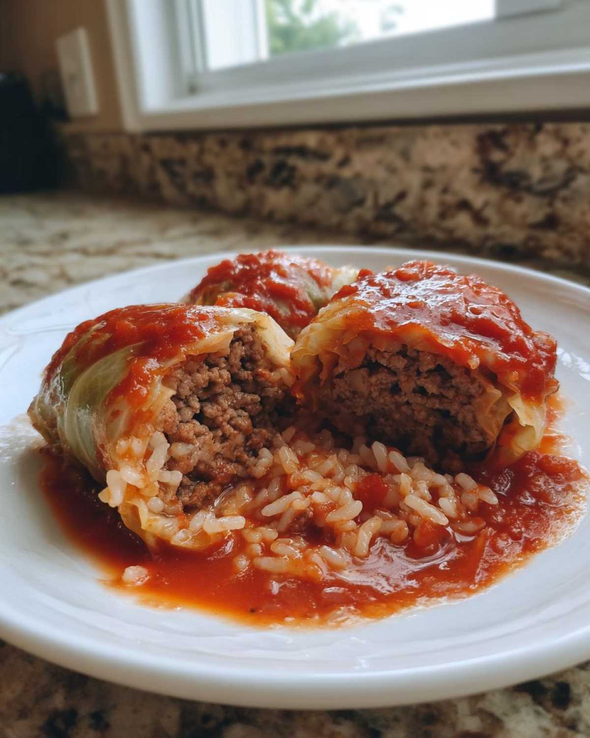 Close-up of three cabbage rolls covered in tomato sauce, one cut open revealing the ground meat and rice filling of the cabbage rolls.