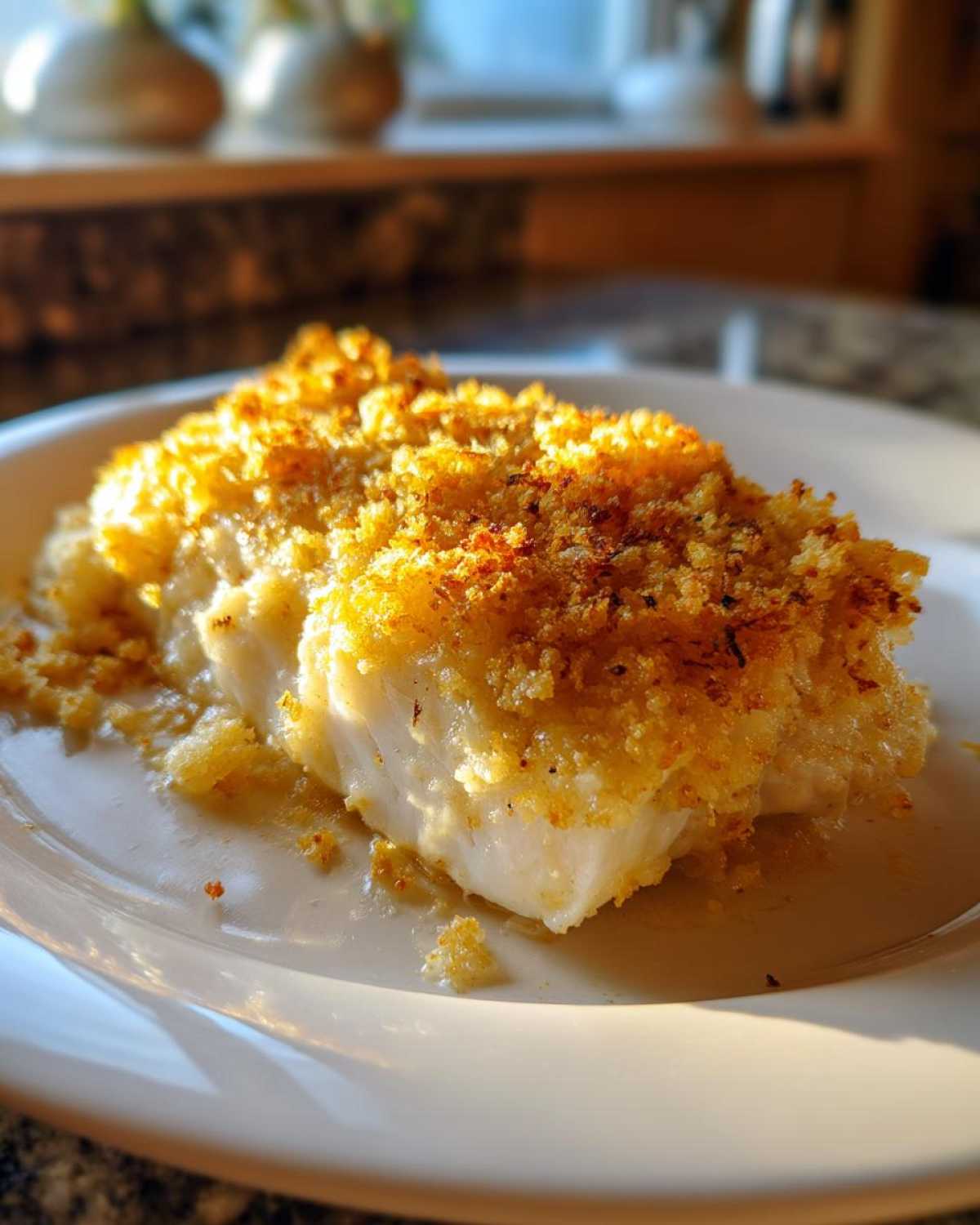 Close-up of a baked white protein, likely chicken, with a golden, crispy breadcrumb topping, served on a white plate.