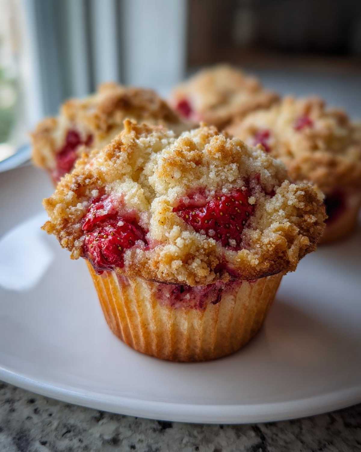 A close-up of a freshly baked strawberry muffin with a golden crumb topping, featuring visible pieces of bright red strawberry.