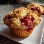 A close-up of a golden, crumb-topped strawberry muffin showing bright red fruit baked inside.