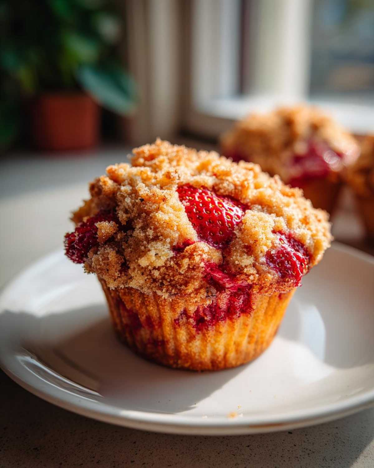 A close-up of a delicious strawberry muffin topped with a golden brown streusel, featuring a visible fresh strawberry.