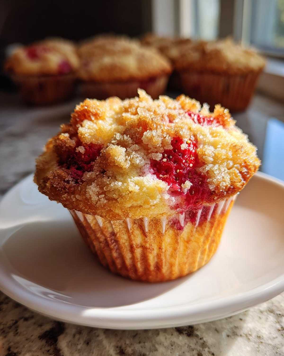 A close-up of one delicious strawberry muffin with a golden crumb topping, sitting on a white plate.