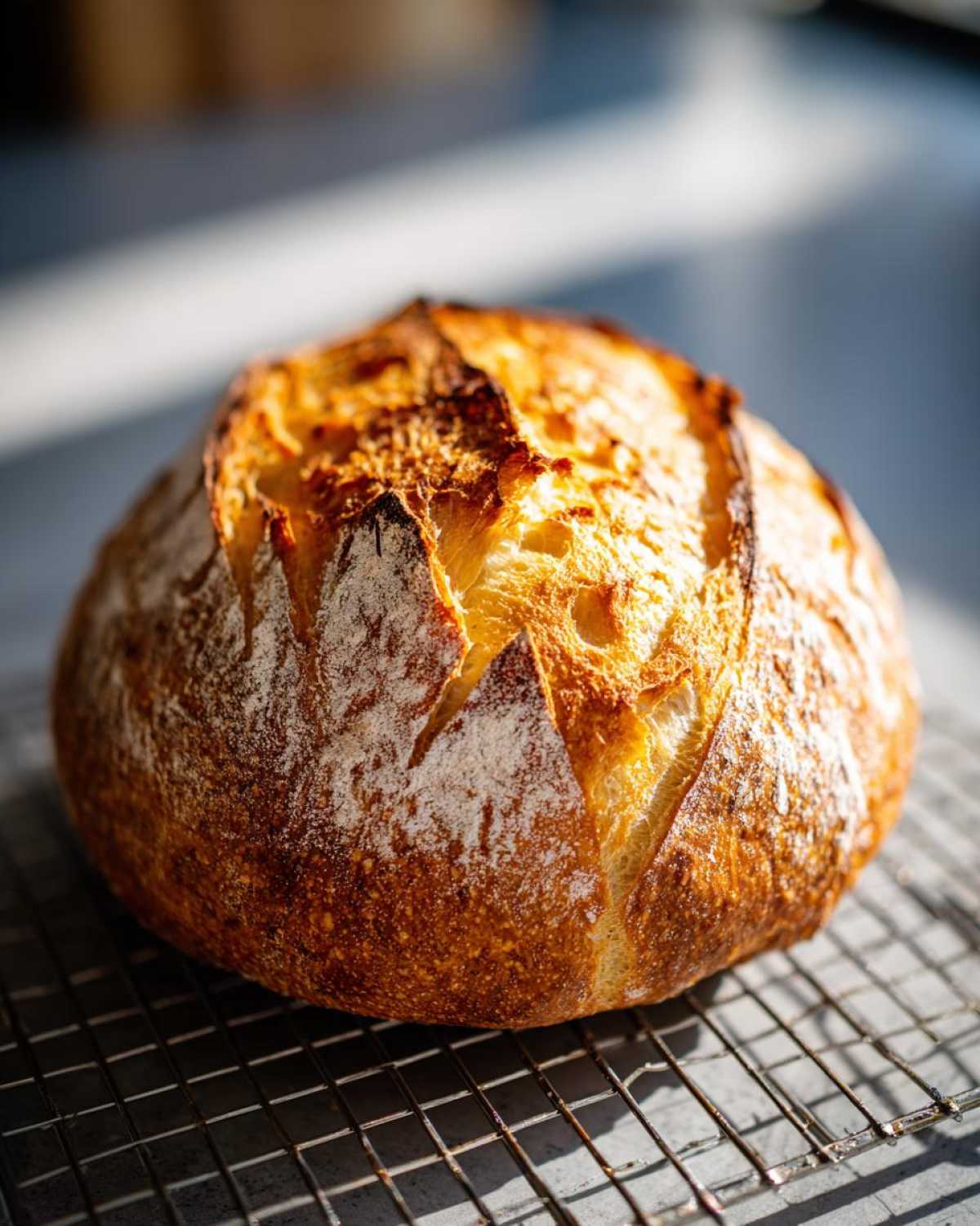 A perfectly baked, round loaf of crusty Italian bread with a golden-brown, scored top, cooling on a wire rack.