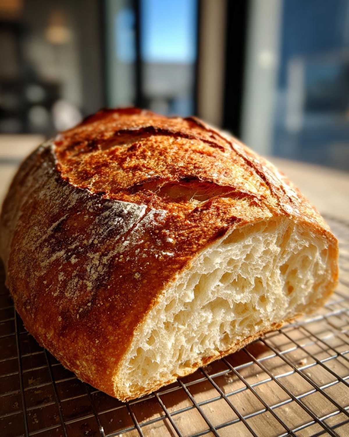 A loaf of freshly baked Italian bread, cut to show the airy interior and golden, crackly crust.