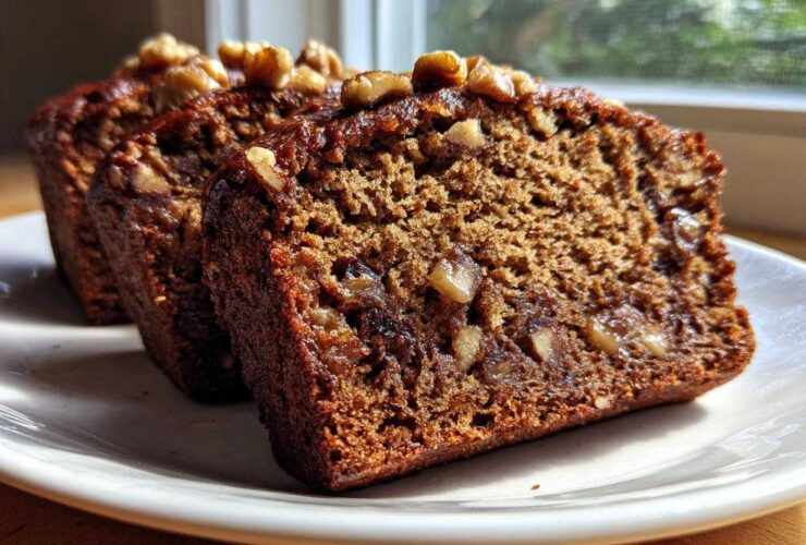 Three thick slices of moist date nut bread, topped with walnuts, displayed on a white plate.
