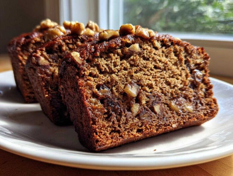 Three thick slices of moist date nut bread, topped with walnuts, displayed on a white plate.