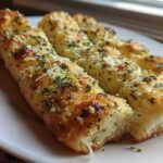 A row of golden brown, fluffy breadsticks topped with melted cheese and chopped parsley, ready to eat.