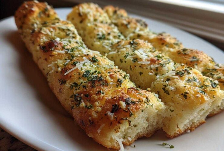 A row of golden brown, fluffy breadsticks topped with melted cheese and chopped parsley, ready to eat.