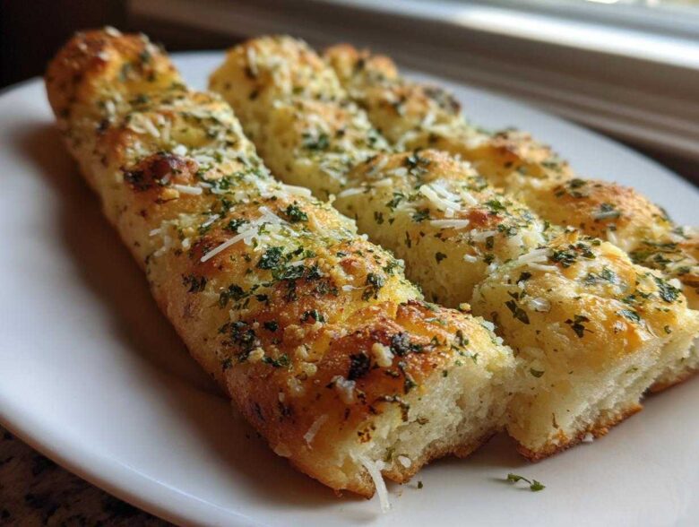 A row of golden brown, fluffy breadsticks topped with melted cheese and chopped parsley, ready to eat.