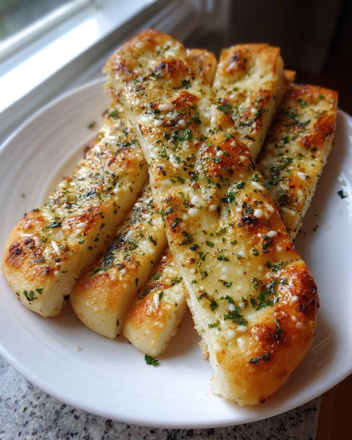 Close-up of freshly baked, cheesy garlic breadsticks topped with parsley on a white plate.