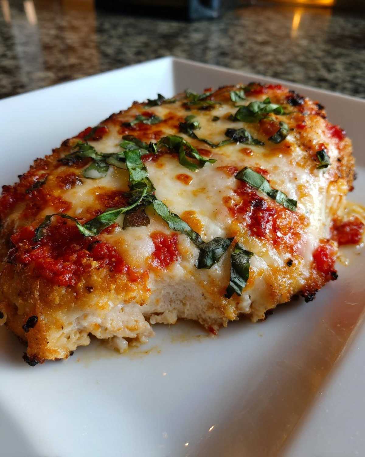 A close-up shot of a perfectly cooked Easy Chicken Parmesan, topped with melted mozzarella, marinara sauce, and fresh basil.