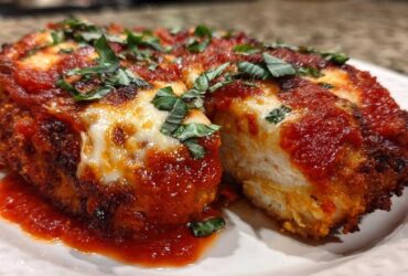 A cross-section view of Easy Chicken Parmesan covered in melted mozzarella, rich tomato sauce, and fresh basil.