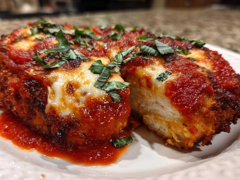 A cross-section view of Easy Chicken Parmesan covered in melted mozzarella, rich tomato sauce, and fresh basil.