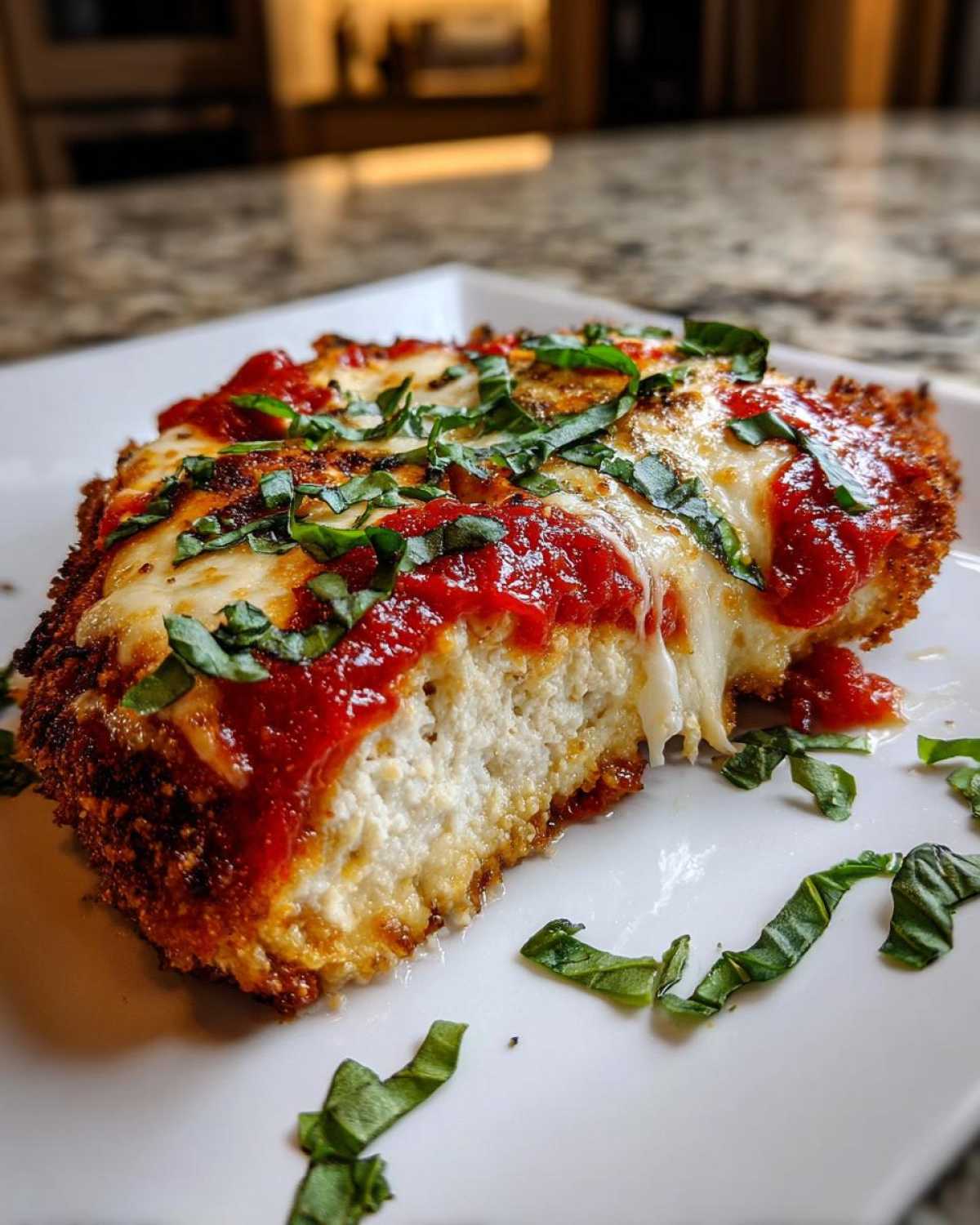 A close-up of a piece of Easy Chicken Parmesan showing the crispy breading, white chicken interior, melted mozzarella, and bright red sauce topped with basil.