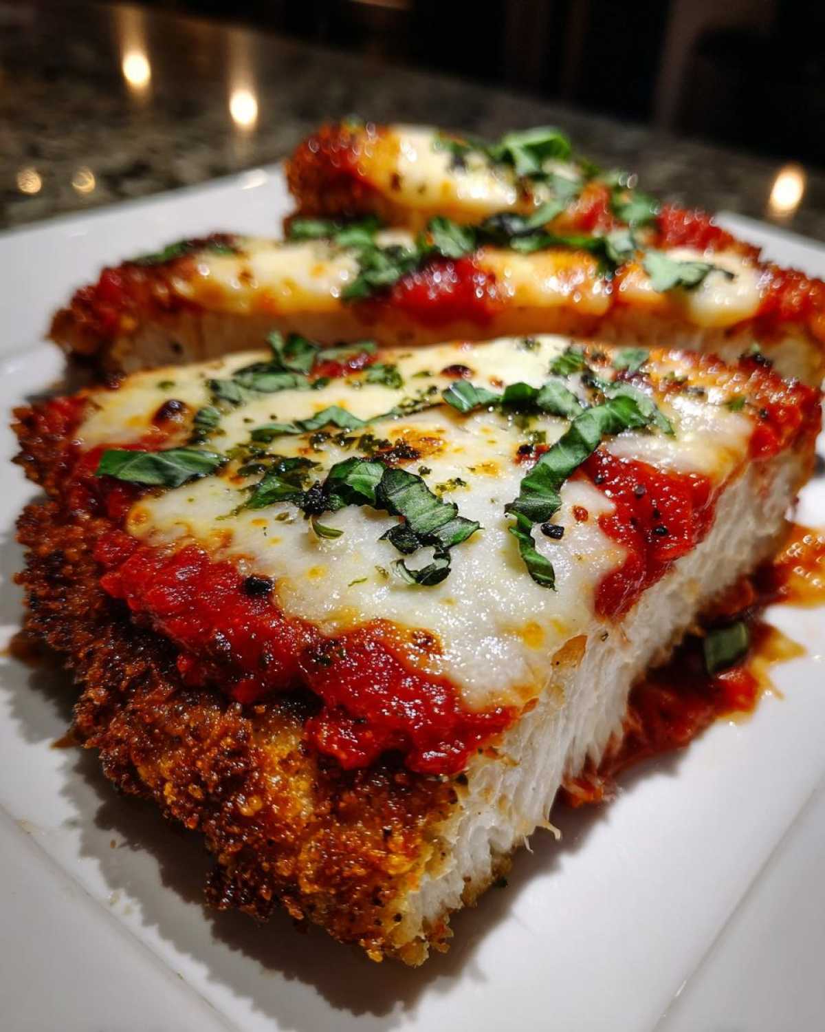 A close-up of a thick slice of Easy Chicken Parmesan, showing crispy breading, melted mozzarella, red sauce, and fresh basil.
