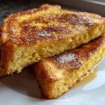 Close-up of thick, golden brown slices of easy french toast dusted with powdered sugar on a white plate.