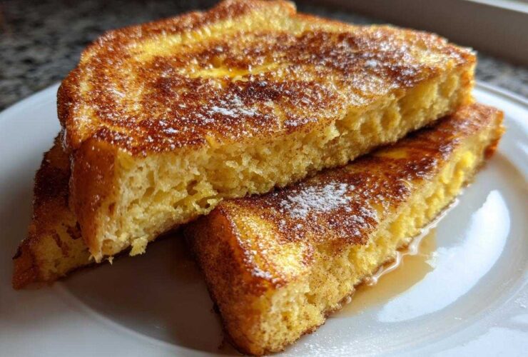 Close-up of thick, golden brown slices of easy french toast dusted with powdered sugar on a white plate.