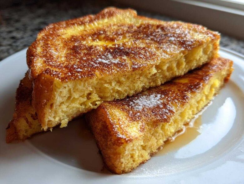 Close-up of thick, golden brown slices of easy french toast dusted with powdered sugar on a white plate.