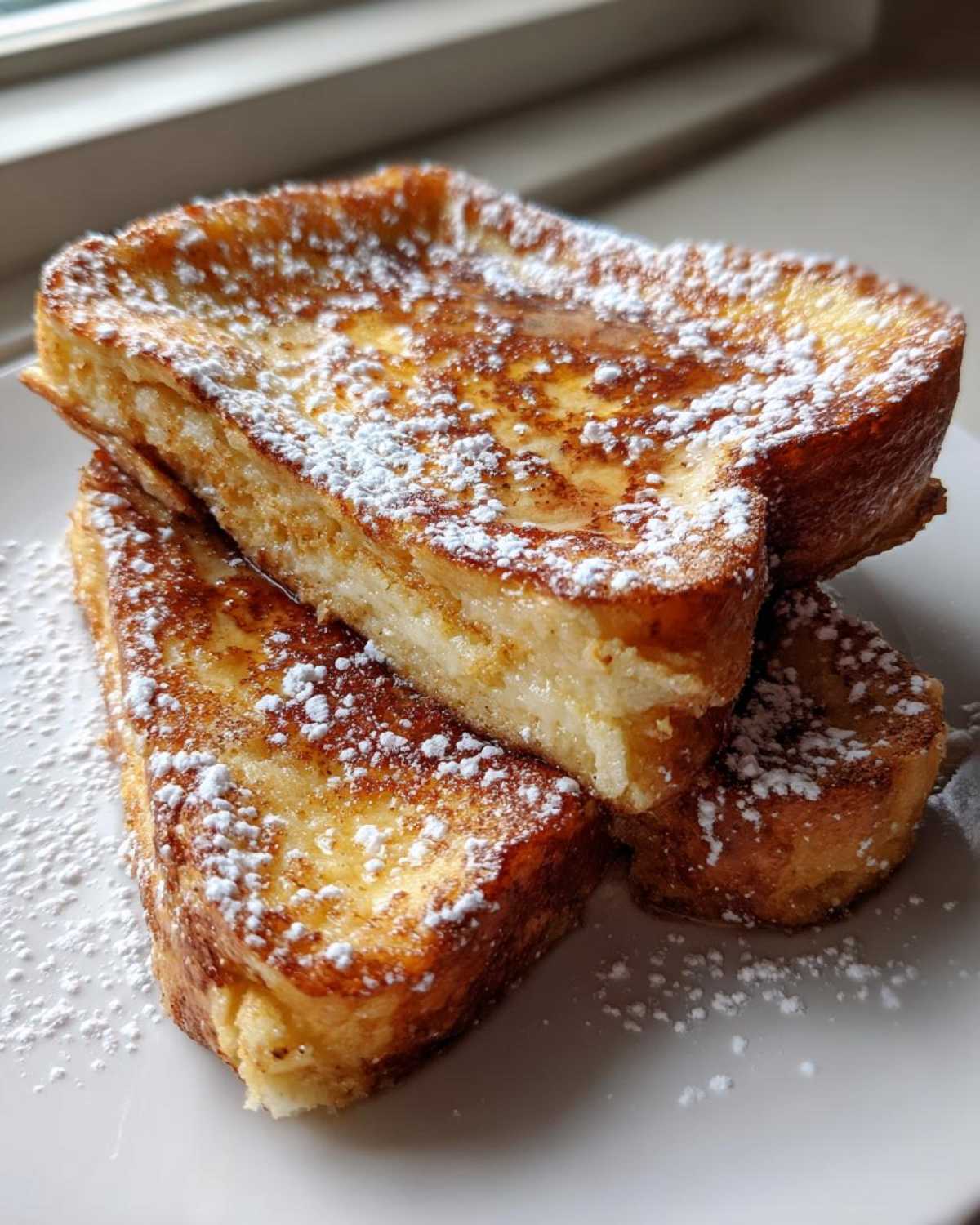 A stack of thick, golden brown easy french toast slices dusted heavily with powdered sugar.