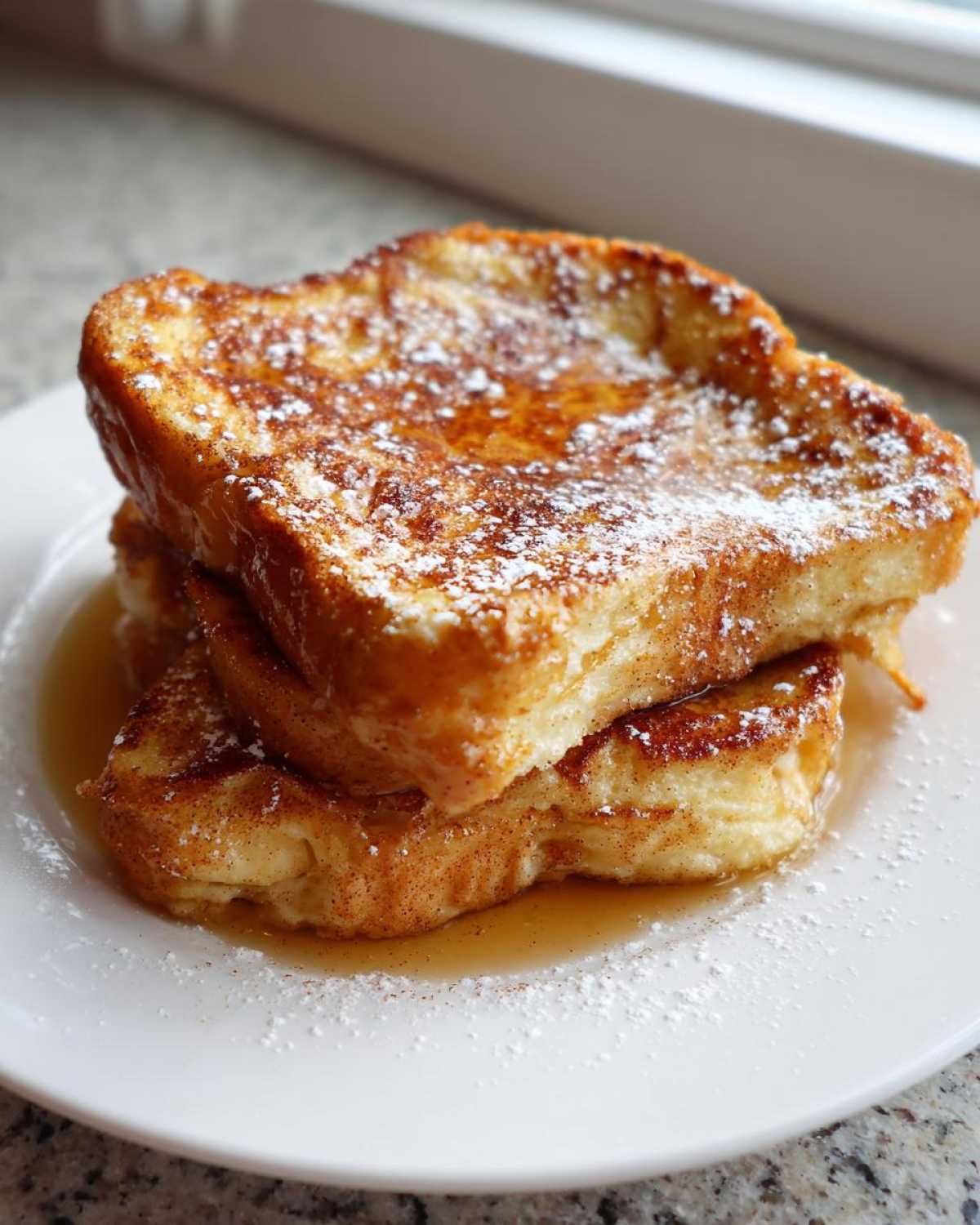 Close-up of two slices of golden brown easy french toast stacked, drizzled with syrup and dusted with powdered sugar.