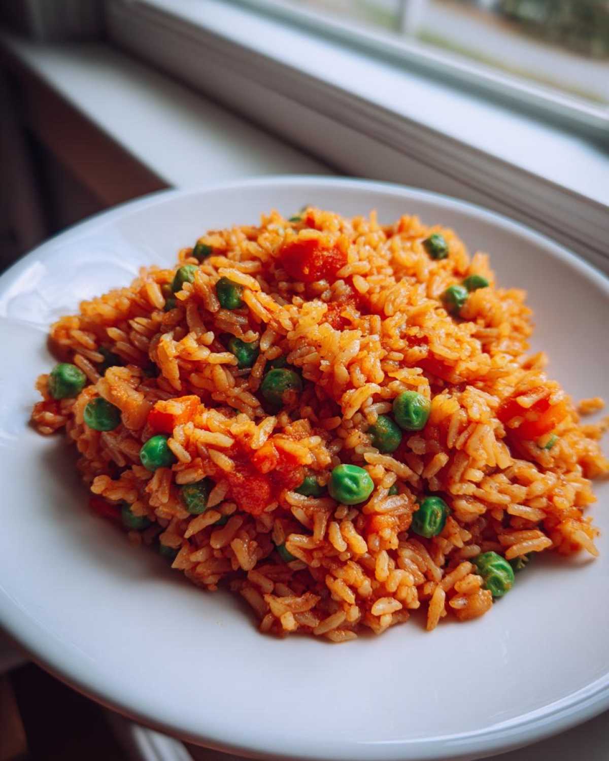 A close-up of a serving of bright orange Spanish rice mixed with green peas and diced tomatoes on a white plate.