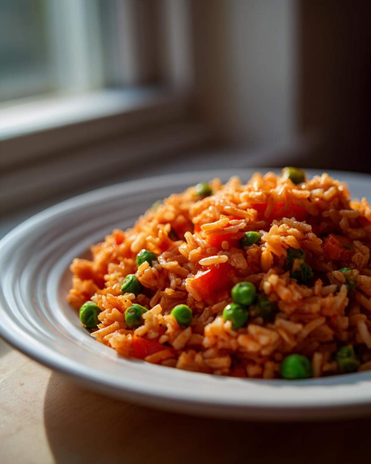 Close-up of a mound of vibrant orange spanish rice mixed with bright green peas and diced tomatoes served on a white plate.
