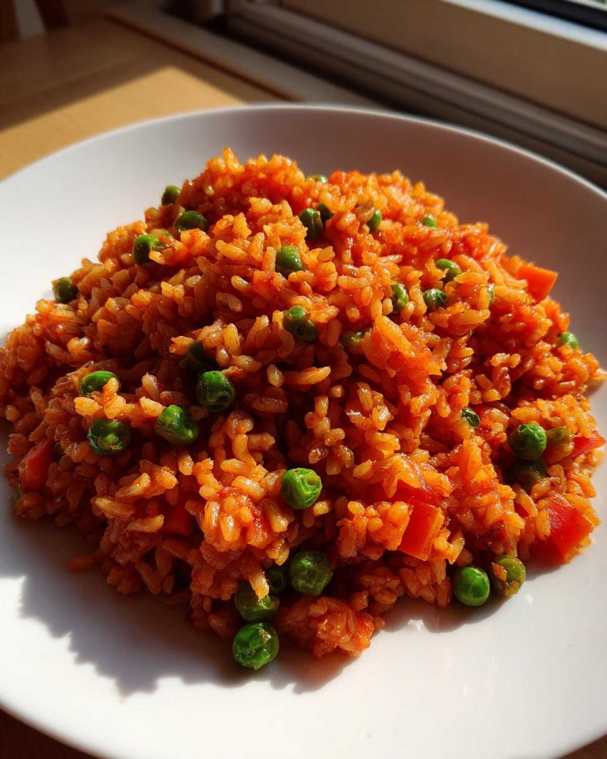 A close-up of bright orange spanish rice mixed with green peas served on a white plate.