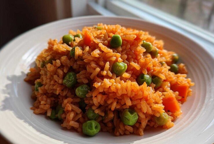 A close-up of a serving of bright orange Spanish rice mixed with green peas and diced carrots on a white plate.