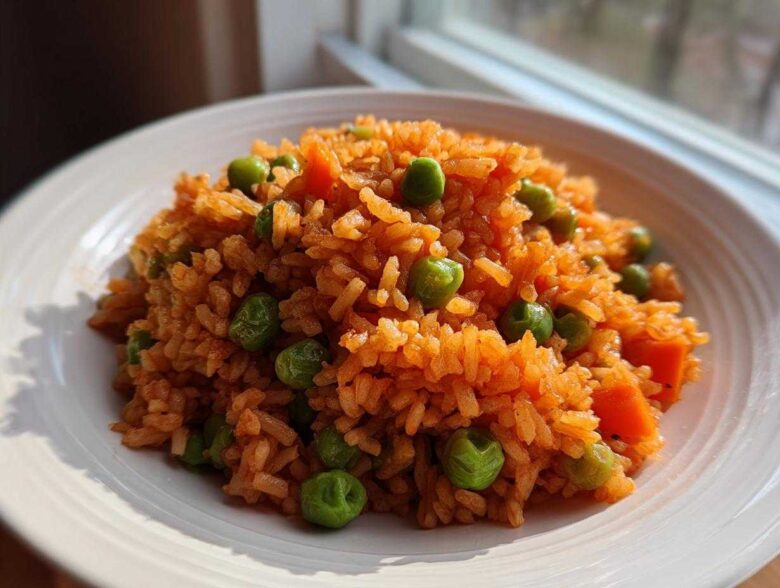 A close-up of a serving of bright orange Spanish rice mixed with green peas and diced carrots on a white plate.