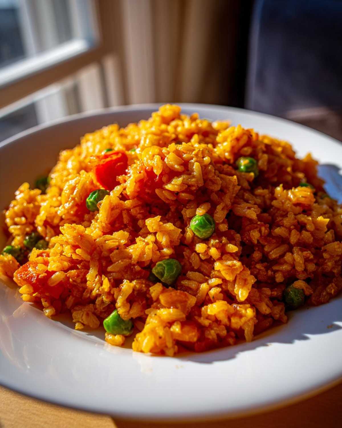 A close-up shot of a generous serving of vibrant, orange-colored spanish rice mixed with bright green peas and diced tomatoes.