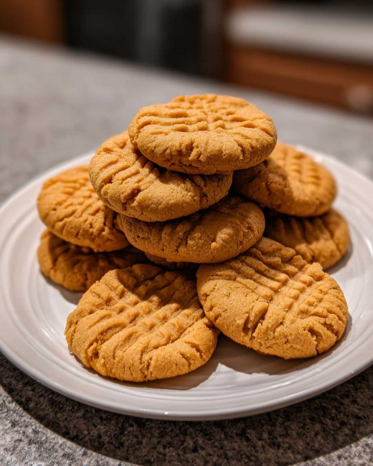 A stack of freshly baked Easy Peanut Butter Cookies featuring classic crisscross fork marks, served on a white plate.