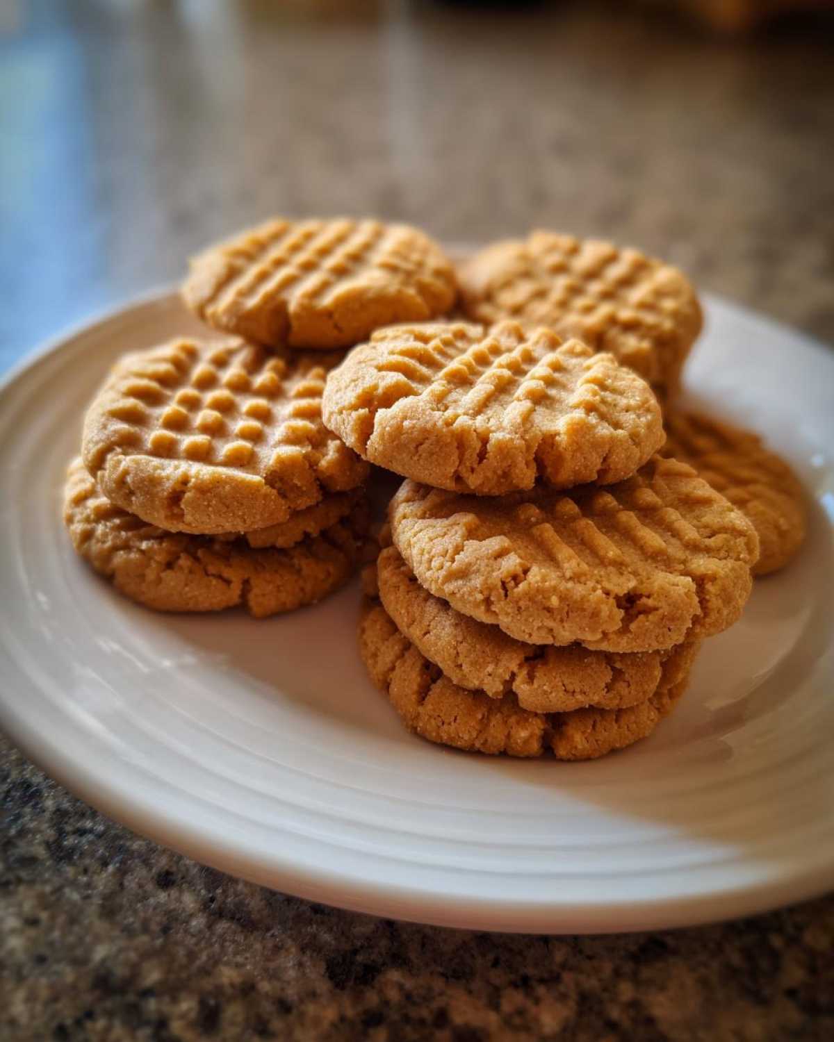 A stack of freshly baked Easy Peanut Butter Cookies with classic crisscross fork marks, resting on a white plate.