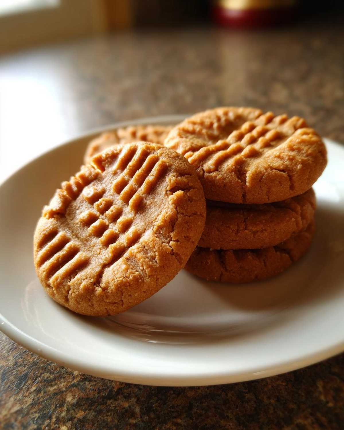 A stack of freshly baked Easy Peanut Butter Cookies with classic criss-cross fork marks on a white plate.