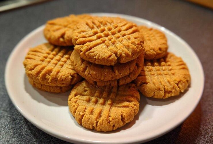 A stack of freshly baked Easy Peanut Butter Cookies featuring classic criss-cross fork marks, served on a white plate.