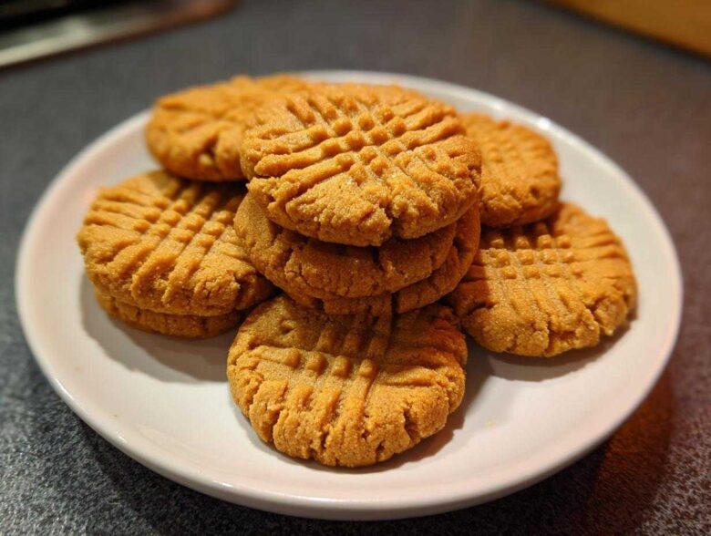 A stack of freshly baked Easy Peanut Butter Cookies featuring classic criss-cross fork marks, served on a white plate.