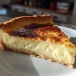 A close-up slice of rich, creamy egg custard tart with a golden, slightly brûléed top, sitting on a white plate.