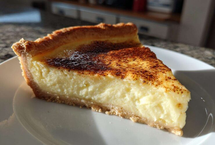A close-up slice of rich, creamy egg custard tart with a golden, slightly brûléed top, sitting on a white plate.